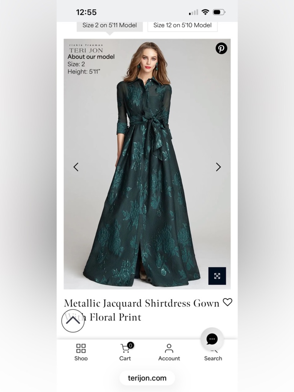 Teri Jon Metallic Jacquard Shirtdress Gown in Teal and Dark Green